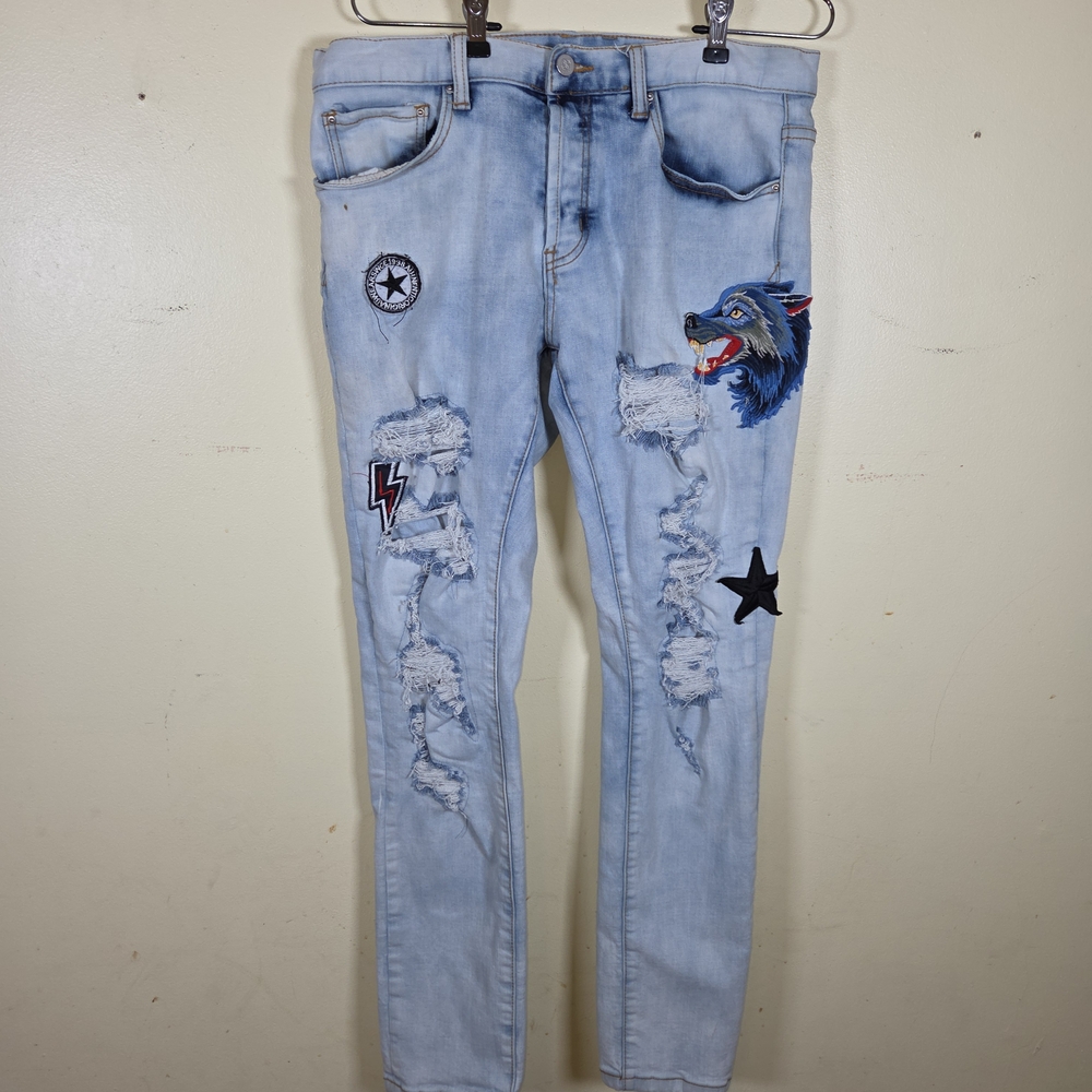 Dope Brand Mens Distressed Button Fly Skinny Jeans Size 32 x 30